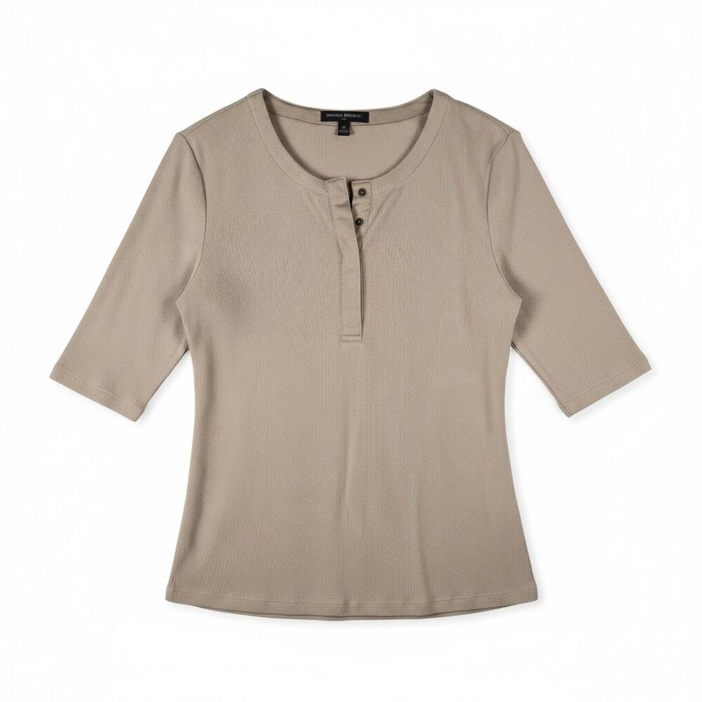 Banana Republic Ribbed Henley Shirt Top Beige Khaki 3/4 Sleeve M Minimalist Chic